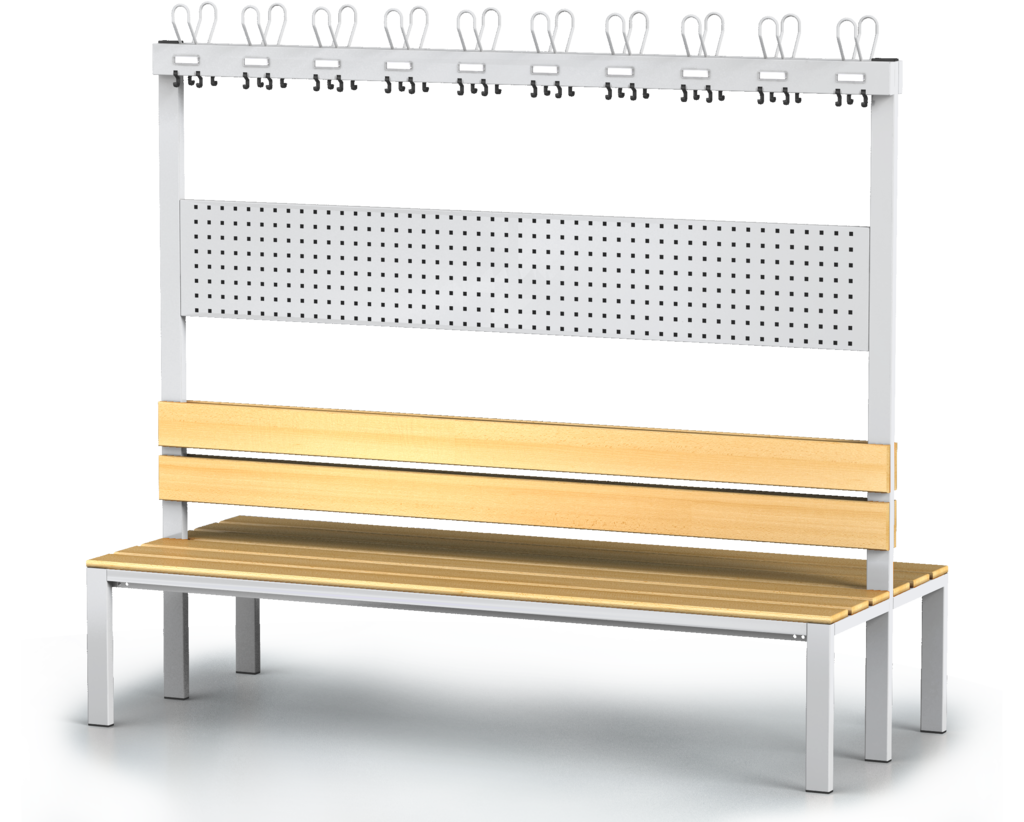 Oboustranná lavice s opěradlem a věšáky, bukové latě - základní provedení 1800 x 2000 x 830